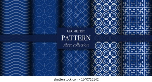 Set of 5 silver luxury geometric pattern background texture. Abstract dotted line. Polka dot style vector illustration for wallpaper, flyer, cover, design. Repeating circle ornament, backdrop element