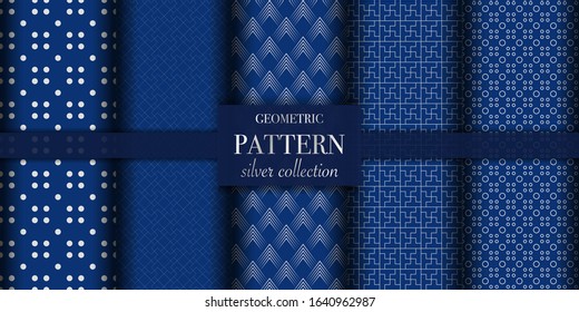Set of 5 silver luxury geometric pattern background texture. Abstract dotted line. Polka dot style vector illustration for wallpaper, flyer, cover, design. Repeating circle ornament, backdrop element