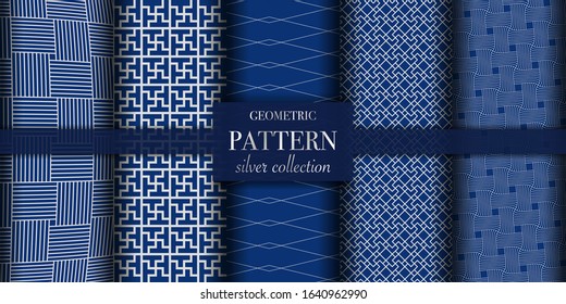 Set of 5 silver luxury geometric pattern background texture. Abstract dotted line. Polka dot style vector illustration for wallpaper, flyer, cover, design. Repeating circle ornament, backdrop element