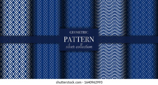 Set of 5 silver luxury geometric pattern background texture. Abstract dotted line. Polka dot style vector illustration for wallpaper, flyer, cover, design. Repeating circle ornament, backdrop element