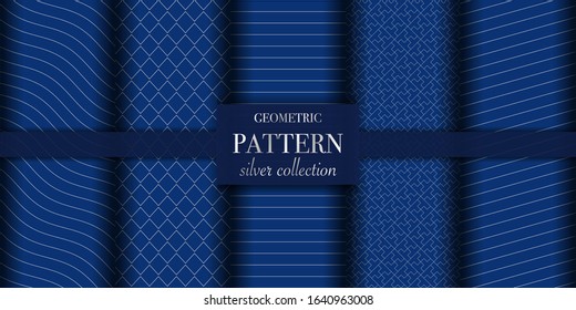 Set of 5 silver luxury geometric pattern background texture. Abstract dotted line. Polka dot style vector illustration for wallpaper, flyer, cover, design. Repeating circle ornament, backdrop element