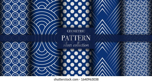 Set of 5 silver luxury geometric pattern background texture. Abstract dotted line. Polka dot style vector illustration for wallpaper, flyer, cover, design. Repeating circle ornament, backdrop element