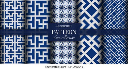 Set of 5 silver luxury geometric pattern background texture. Abstract dotted line. Polka dot style vector illustration for wallpaper, flyer, cover, design. Repeating circle ornament, backdrop element
