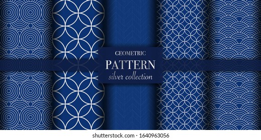 Set of 5 silver luxury geometric pattern background texture. Abstract dotted line. Polka dot style vector illustration for wallpaper, flyer, cover, design. Repeating circle ornament, backdrop element