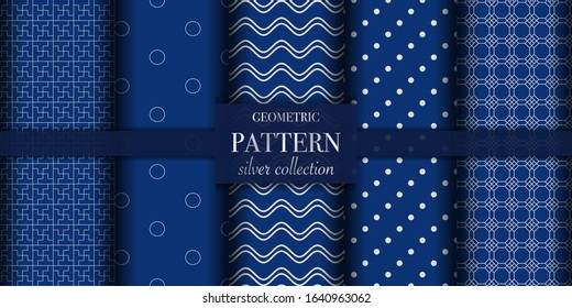 Set of 5 silver luxury geometric pattern background texture. Abstract dotted line. Polka dot style vector illustration for wallpaper, flyer, cover, design. Repeating circle ornament, backdrop element