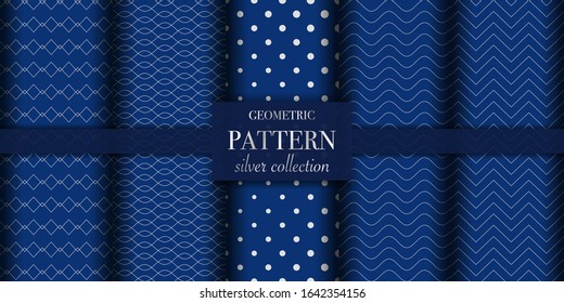Set of 5 silver luxury geometric pattern background texture. Abstract line, dot retro style vector illustration for wallpaper, flyer, cover, design template. Repeat circle ornament, backdrop element