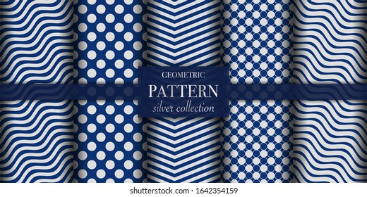 Set of 5 silver luxury geometric pattern background texture. Abstract line, dot retro style vector illustration for wallpaper, flyer, cover, design template. Repeat circle ornament, backdrop element