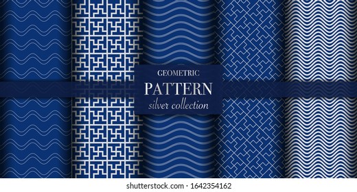 Set of 5 silver luxury geometric pattern background texture. Abstract line, dot retro style vector illustration for wallpaper, flyer, cover, design template. Repeat circle ornament, backdrop element