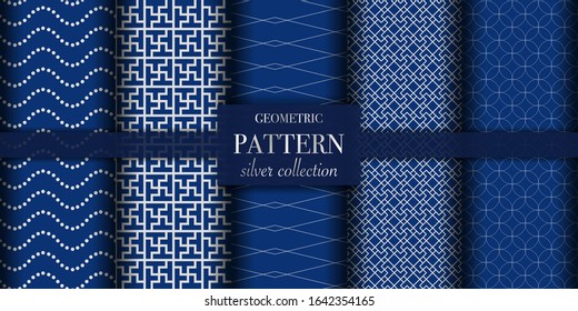 Set of 5 silver luxury geometric pattern background texture. Abstract line, dot retro style vector illustration for wallpaper, flyer, cover, design template. Repeat circle ornament, backdrop element