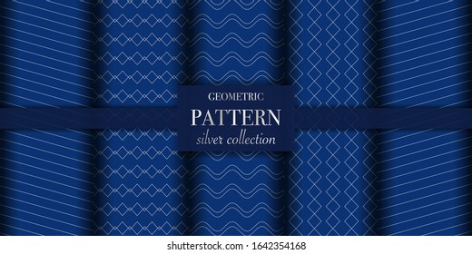 Set of 5 silver luxury geometric pattern background texture. Abstract line, dot retro style vector illustration for wallpaper, flyer, cover, design template. Repeat circle ornament, backdrop element