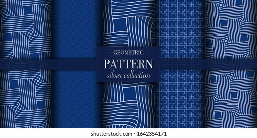 Set of 5 silver luxury geometric pattern background texture. Abstract line, dot retro style vector illustration for wallpaper, flyer, cover, design template. Repeat circle ornament, backdrop element