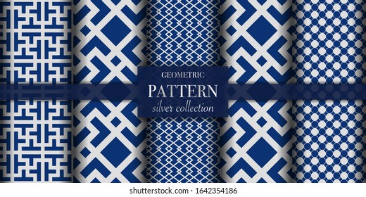 Set of 5 silver luxury geometric pattern background texture. Abstract line, dot retro style vector illustration for wallpaper, flyer, cover, design template. Repeat circle ornament, backdrop element