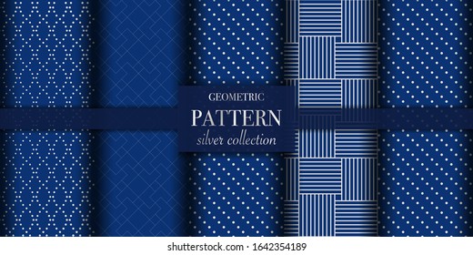 Set of 5 silver luxury geometric pattern background texture. Abstract line, dot retro style vector illustration for wallpaper, flyer, cover, design template. Repeat circle ornament, backdrop element