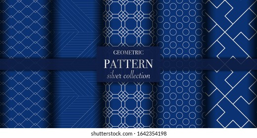 Set of 5 silver luxury geometric pattern background texture. Abstract line, dot retro style vector illustration for wallpaper, flyer, cover, design template. Repeat circle ornament, backdrop element