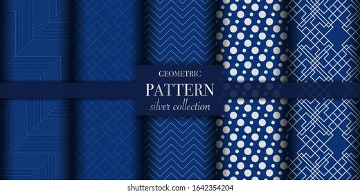 Set of 5 silver luxury geometric pattern background texture. Abstract line, dot retro style vector illustration for wallpaper, flyer, cover, design template. Repeat circle ornament, backdrop element
