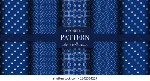 Set of 5 silver luxury geometric pattern background texture. Abstract line, dot retro style vector illustration for wallpaper, flyer, cover, design template. Repeat circle ornament, backdrop element