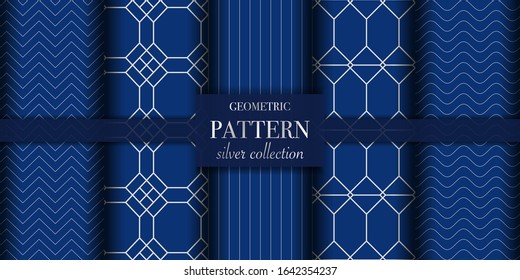 Set of 5 silver luxury geometric pattern background texture. Abstract line, dot retro style vector illustration for wallpaper, flyer, cover, design template. Repeat circle ornament, backdrop element