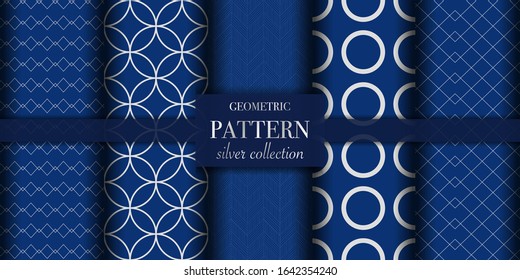 Set of 5 silver luxury geometric pattern background texture. Abstract line, dot retro style vector illustration for wallpaper, flyer, cover, design template. Repeat circle ornament, backdrop element
