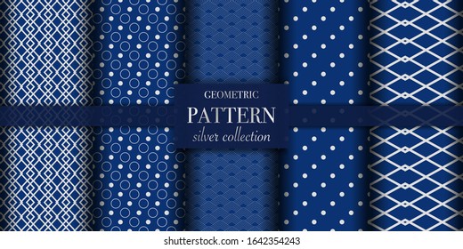Set of 5 silver luxury geometric pattern background texture. Abstract line, dot retro style vector illustration for wallpaper, flyer, cover, design template. Repeat circle ornament, backdrop element