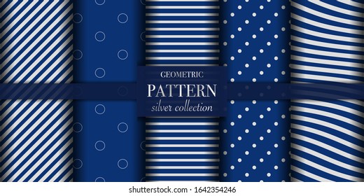 Set of 5 silver luxury geometric pattern background texture. Abstract line, dot retro style vector illustration for wallpaper, flyer, cover, design template. Repeat circle ornament, backdrop element