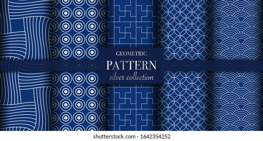 Set of 5 silver luxury geometric pattern background texture. Abstract line, dot retro style vector illustration for wallpaper, flyer, cover, design template. Repeat circle ornament, backdrop element