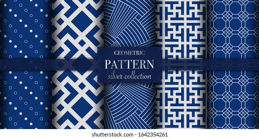 Set of 5 silver luxury geometric pattern background texture. Abstract line, dot retro style vector illustration for wallpaper, flyer, cover, design template. Repeat circle ornament, backdrop element
