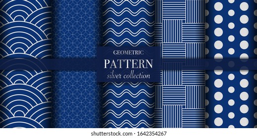 Set of 5 silver luxury geometric pattern background texture. Abstract line, dot retro style vector illustration for wallpaper, flyer, cover, design template. Repeat circle ornament, backdrop element