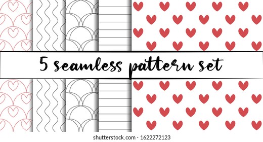 Set of 5 simple ornament vector seamless patterns. Use for ceramic tiles, wallpaper, linoleum, textiles, wrapping paper, web page, kids, Valentine’s day, postcard. Background or wallpaper with hearts
