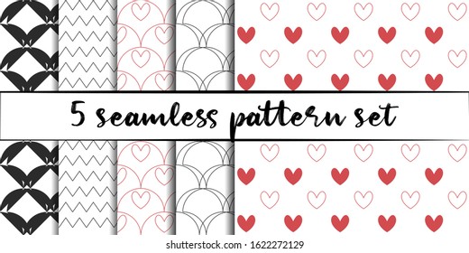Set of 5 simple ornament vector seamless patterns. Use for ceramic tiles, wallpaper, linoleum, textiles, wrapping paper, web page, kids, Valentine’s day, postcard. Background or wallpaper with hearts
