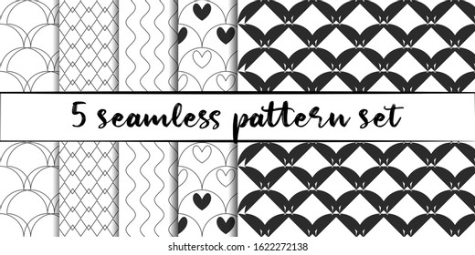 Set of 5 simple ornament vector seamless patterns. Use for ceramic tiles, wallpaper, linoleum, textiles, wrapping paper, web page, kids, Valentine’s day, postcard. Background or wallpaper with hearts
