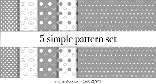 Set of 5 simple ornament vector patterns. Use for ceramic tiles, wallpaper, linoleum, textiles, wrapping paper, web page, kids, postcard. Background or wallpaper with dots
