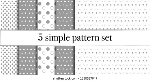 Set of 5 simple ornament vector patterns. Use for ceramic tiles, wallpaper, linoleum, textiles, wrapping paper, web page, kids, postcard. Background or wallpaper with dots