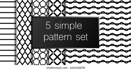 Set of 5 simple ornament vector patterns. Use for ceramic tiles, wallpaper, linoleum, textiles, wrapping paper, web page, kids, postcard. Background or wallpaper black and white colours 