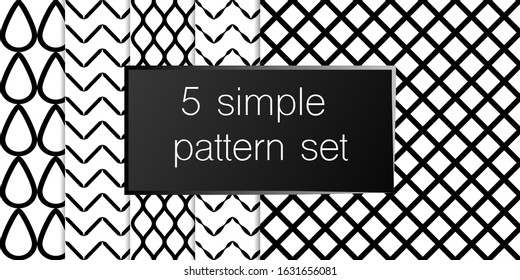 Set of 5 simple ornament vector patterns. Use for ceramic tiles, wallpaper, linoleum, textiles, wrapping paper, web page, kids, postcard. Background or wallpaper black and white colours 