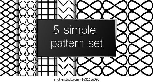 Set of 5 simple ornament vector patterns. Use for ceramic tiles, wallpaper, linoleum, textiles, wrapping paper, web page, kids, postcard. Background or wallpaper black and white colours 