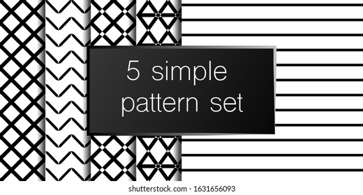 Set of 5 simple ornament vector patterns. Use for ceramic tiles, wallpaper, linoleum, textiles, wrapping paper, web page, kids, postcard. Background or wallpaper black and white colours 