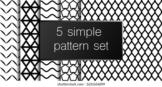 Set of 5 simple ornament vector patterns. Use for ceramic tiles, wallpaper, linoleum, textiles, wrapping paper, web page, kids, postcard. Background or wallpaper black and white colours 