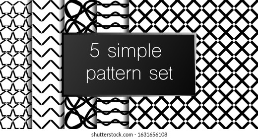 Set of 5 simple ornament vector patterns. Use for ceramic tiles, wallpaper, linoleum, textiles, wrapping paper, web page, kids, postcard. Background or wallpaper black and white colours 