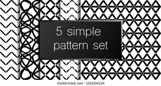 Set of 5 simple ornament vector patterns. Use for ceramic tiles, wallpaper, linoleum, textiles, wrapping paper, web page, kids, postcard. Background or wallpaper black and white colours 