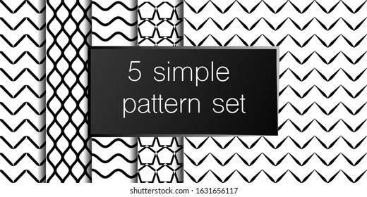 Set of 5 simple ornament vector patterns. Use for ceramic tiles, wallpaper, linoleum, textiles, wrapping paper, web page, kids, postcard. Background or wallpaper black and white colours 