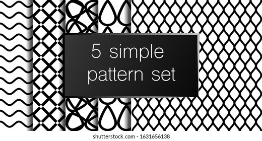 Set of 5 simple ornament vector patterns. Use for ceramic tiles, wallpaper, linoleum, textiles, wrapping paper, web page, kids, postcard. Background or wallpaper black and white colours 