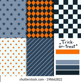 Set of 5 simple seamless geometric patterns. "Trick-or-treat" color palette.