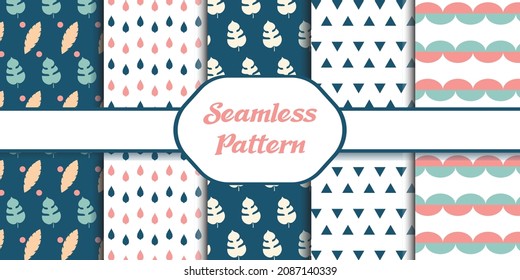Set of 5 simple vintage seamless patterns. Floral, Flow. dots vector illustration. For scrapbooking, cards, textile, fabric, invitations.
