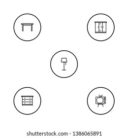 Set of 5 situation icons line style set. Collection of illuminator, dining desk, commode and other elements.