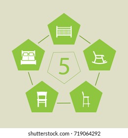 Set Of 5 Situation Icons Set.Collection Of Stool, Chair, Rocking Furniture And Other Elements.