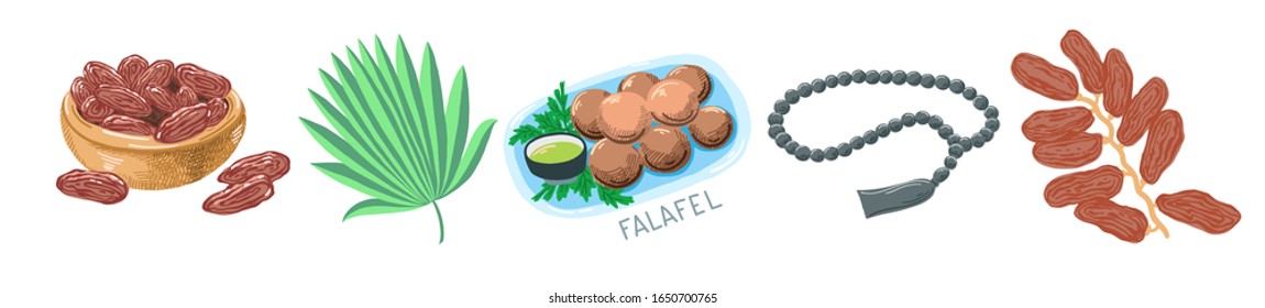 set of 5 sketch drawing oriental signs - dates, falafel and rosary, vector illustration