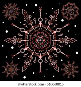 Set with 5 snowflakes, doodles and dots in brown colors on a black background. Watercolor painting effect. Handmade drawing. For the Christmas design and decoration.