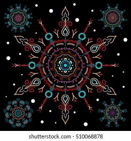 Set with 5 snowflakes, doodles and dots in blue and red colors on a black background. Watercolor painting effect. Handmade drawing. For the Christmas design and decoration.