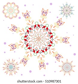 Set with 5 snowflakes, doodles and dots in orange and red colors on a white background. Watercolor painting effect. Handmade drawing. For the Christmas design and decoration.