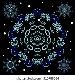 Set with 5 snowflakes, doodles and dots in blue colors on a black background. Watercolor painting effect. Handmade drawing. For the Christmas design and decoration.